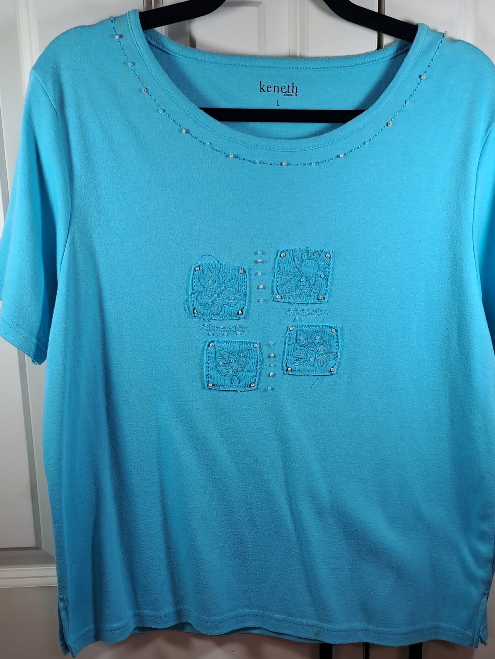 Kenneth Lady's Turquoise Embellished Short-Sleeve Top